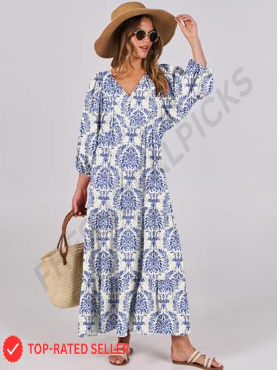 Boho Maxi Dress Flowy Swing V Neck Puff Sleeve Elegant Casual Summer - Picture 2 of 7